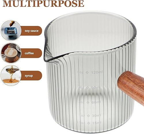 Miniatura 3 de Kichvoe Jarra de vidrio con mango de madera, jarra de leche y crema, vasos de chupito, piezas de espresso, triple taza medidora, barista, boquilla