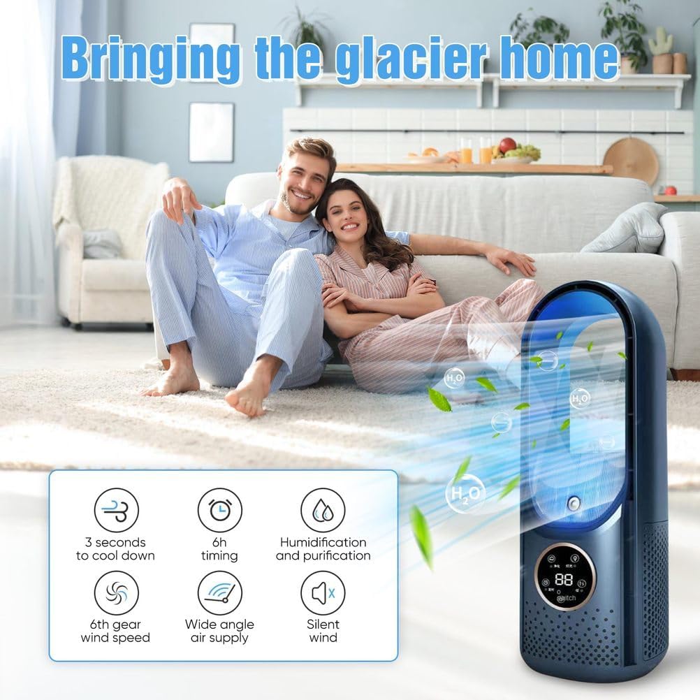 Desk Bladeless Fan with Humidifier,6-Speed Personal Air Evaporative Cooler Cooling Fan,Quiet Bedside Fans for Bedroom with Timer and Led Light,3-in-1 Tabletop Fan