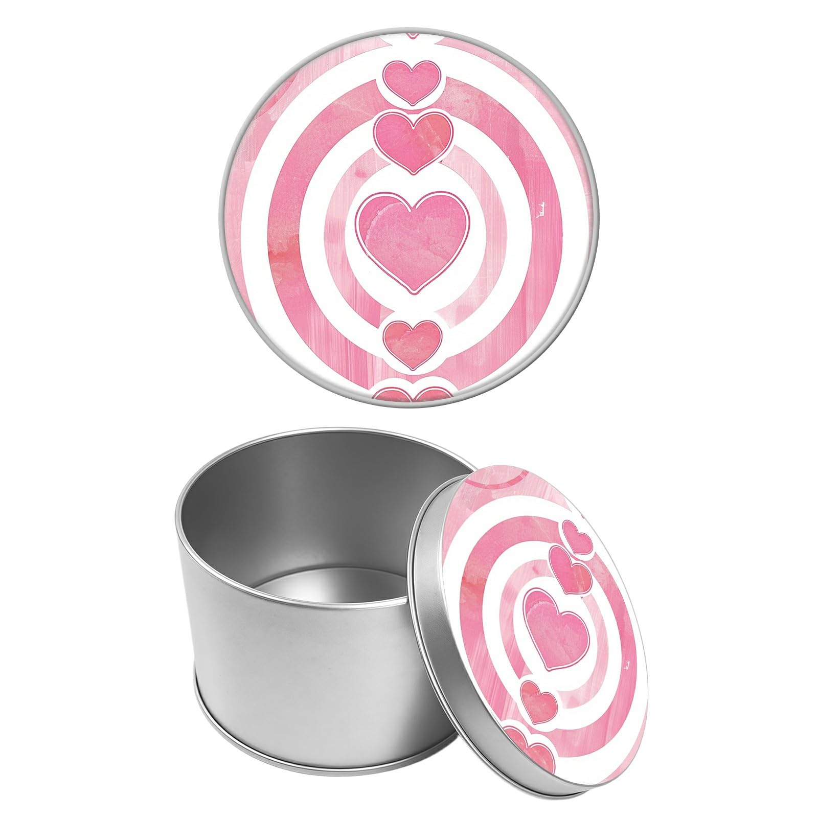 Round Metal Tin Container with Removable Lid, Pink Heart Durable Metal Storage Box for Cookies Spices Tea Candies Cakes Jewelry Cosmetics 3.54 x 2.36 inch– Single Pack