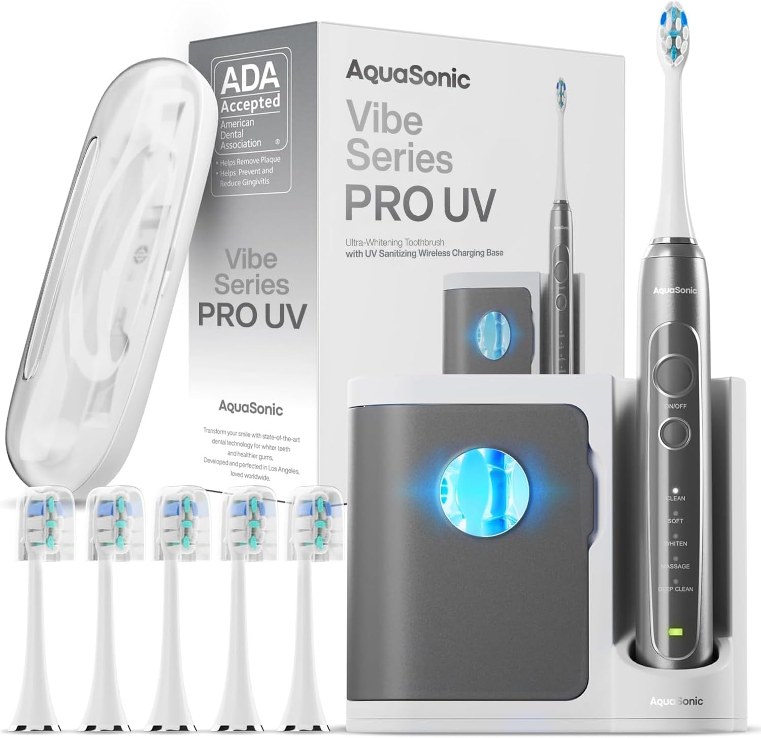 aquasonic vibe series pro – ultra-whitening electric toothbrush – 5 modes & smart timers – uv sanitizing base – ada accepted (charcoal metallic)