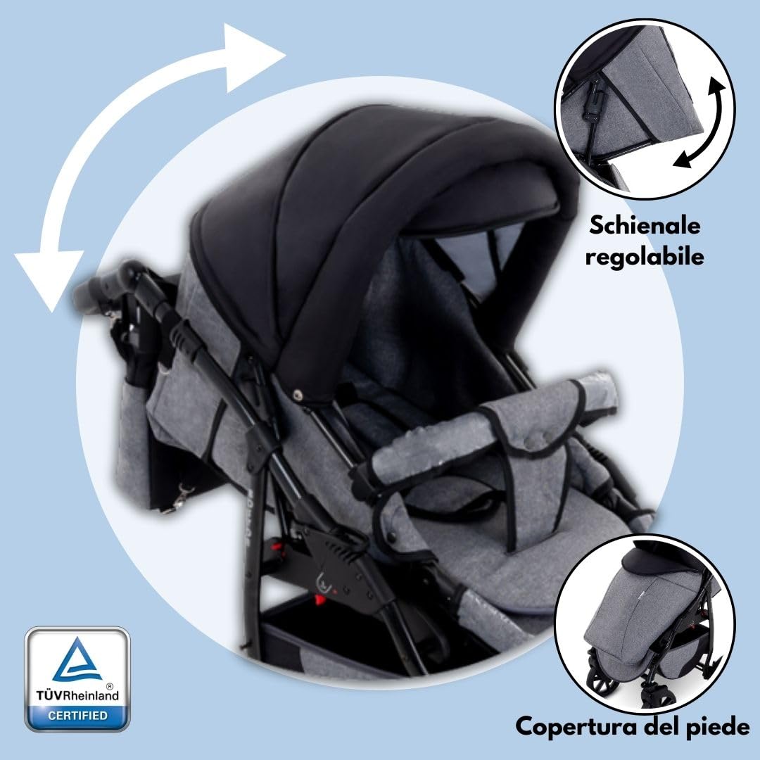 GaGaDumi Boston Passeggino Trio 3 in 1 Carrozzina Passeggino Seggiolino Auto Sistema Viaggio Completo Nero
