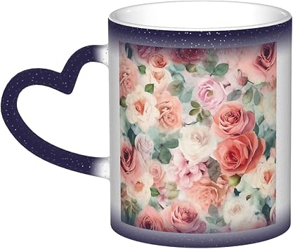 11oz Color Changing Coffee Mug with Handle Ceramic Coffee Cups Heat Sensitive Cup Funny Magic Mugs Soft Color Pale Faded Mix of Roses Tea Cup Colour Changing Mug Porcelain Mugs for Xmas Gifts