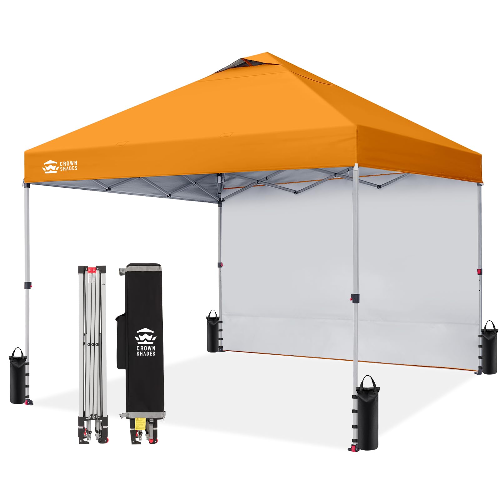 - CROWN SHADES 10x10 Pop Up Canopy with 1 Side Wall - Beach Tent with One Push Setup - Outdoor Sun Shade for Events, Parties, Camping - Gazebo with STO-N-Go Cover Bag (Orange)