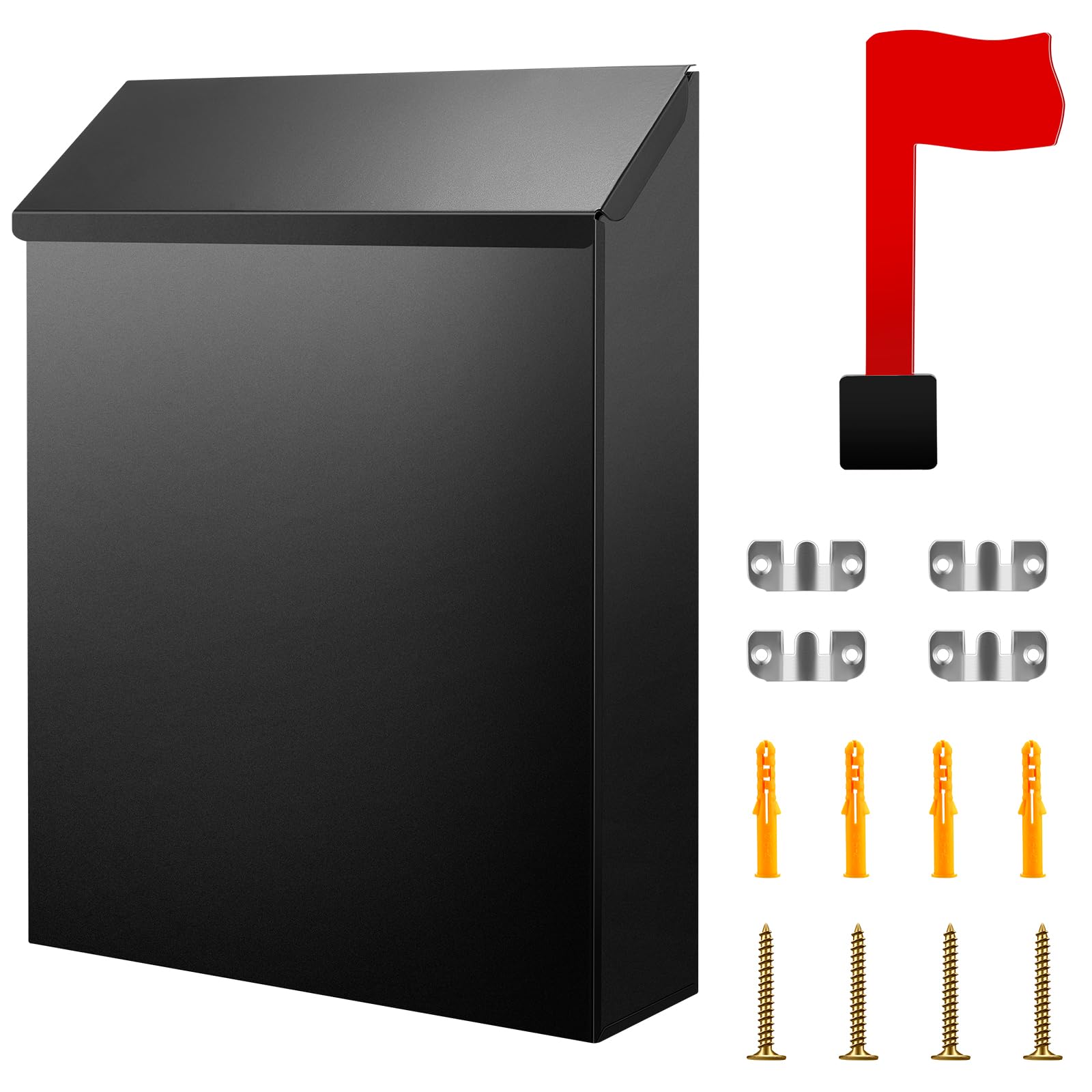 Tandefio Wall Mount Mailbox for Outside, Large Capacity Rust-Proof Mail Box with Stay-Open Lid & Red Flag Reflective Sticker Keys Kit, Post Box for