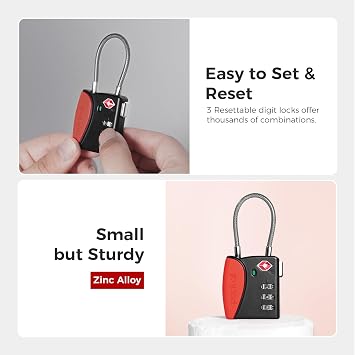 pack all TSA Approved Cable Luggage Locks, 3 Digit Combination Padlocks, Travel Lock for Suitcases & Bag, Alloy Body, Travel Accessories (4 Pack)(Red)