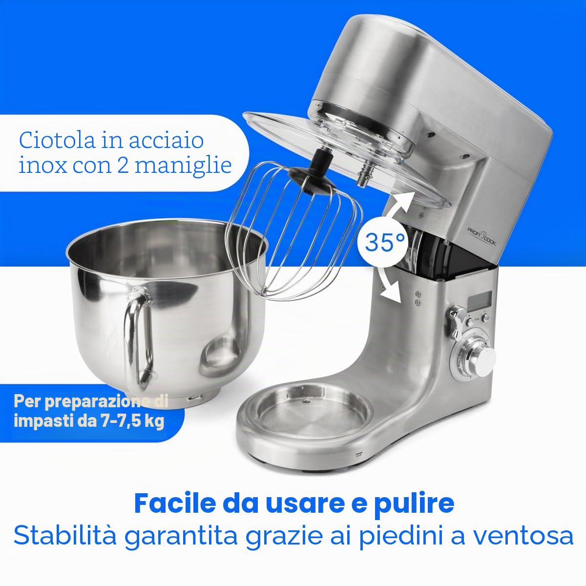 ProfiCook® Macchina da cucina con ciotola in acciaio inox XXXL | Forno 10L con motore 1500W | Impastatrice incl. Ganci e smerigliatrici | Impastatrice con apertura di riempimento | PC-KM 1096