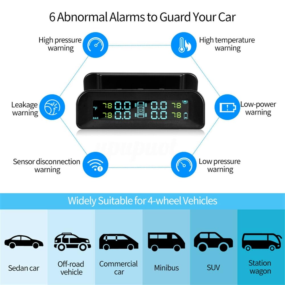 2 x solarny bezprzewodowy system kontroli ciśnienia w oponach samochodowych TPMS, wyświetlacz HD LCD, 4 zewnętrzne czujniki, ciśnienie w oponach, ostrzeżenie o temperaturze