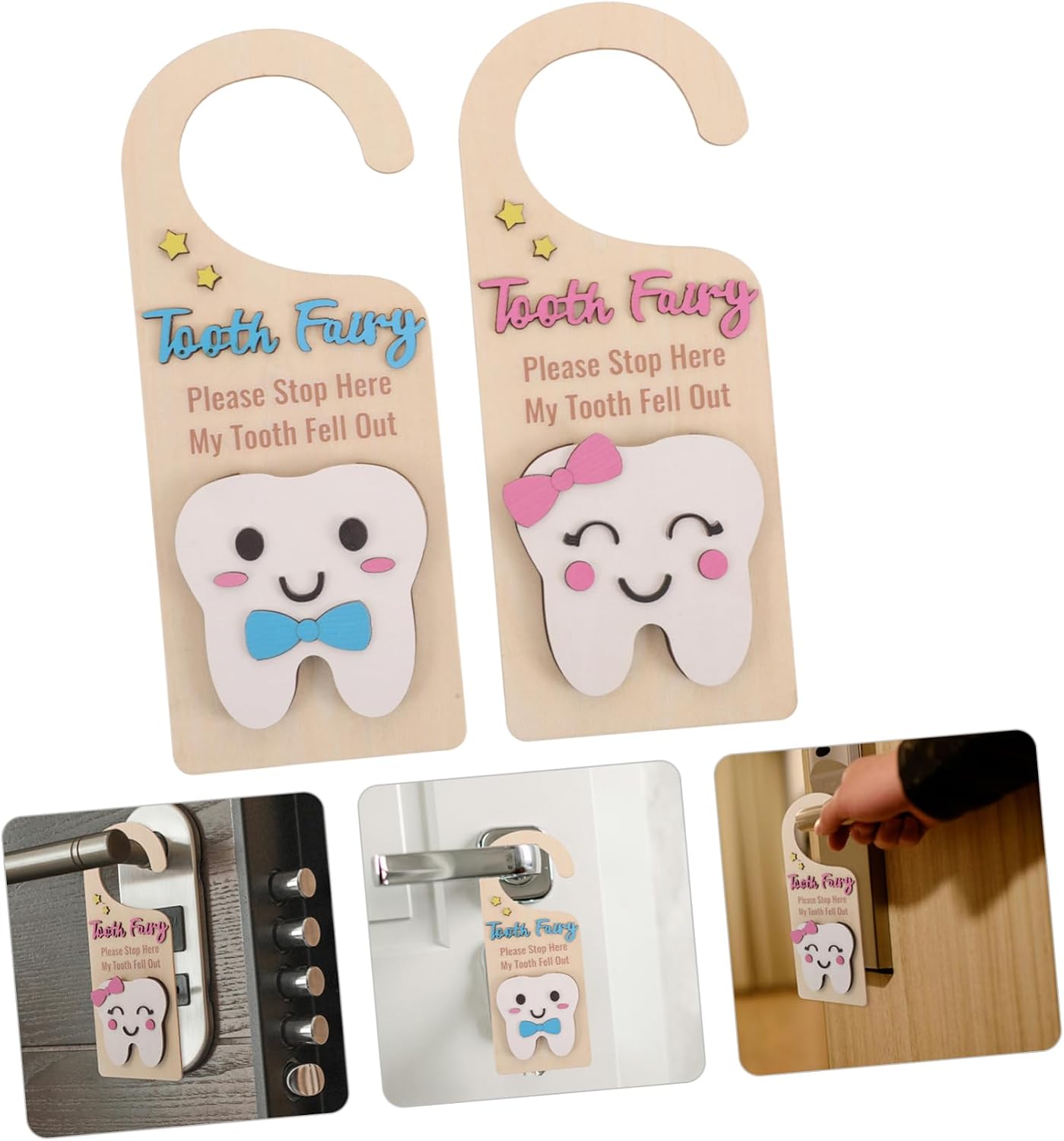 KICHOUSE 2pcs Wooden Fairy Door Hanger for Boy Girl Charming Hotel Doorknob Sign with Tooth Holder Magical Room Decoration Pink and Blue for Boy Girl Imagination
