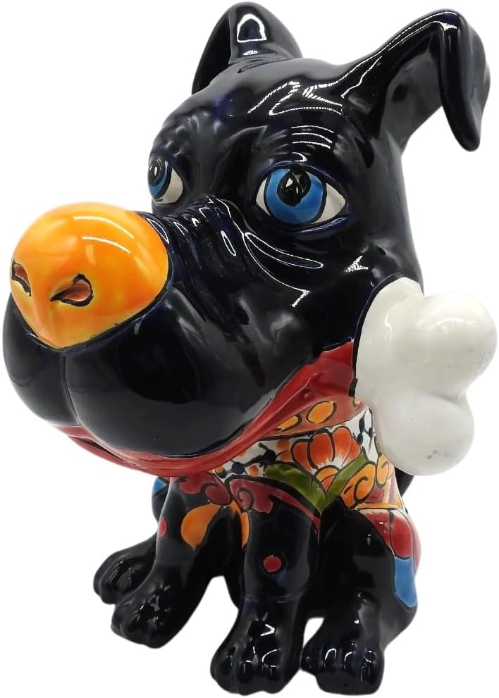 Dog Figure with Bone SM Hand Painted Indoor Outdoor Multi Colored Glazed