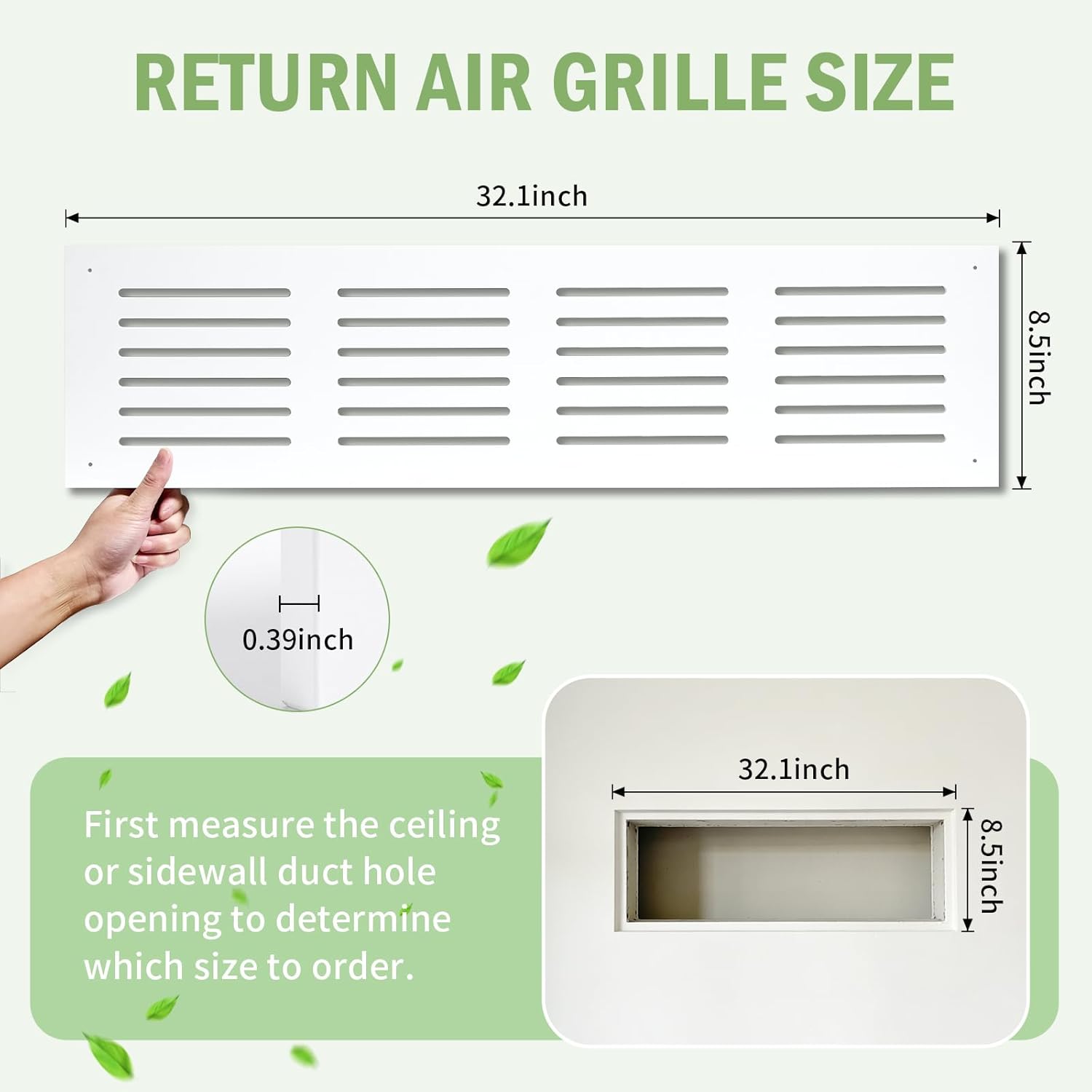 Return Air Grille Cover 32“ x 8.5” (Fits 28 x 5.5 Duct Opening), High Flow Return Air Vent Cover with Straight Slats, Decorative White Return Vent Cover for Sidewall & Ceiling-PVC