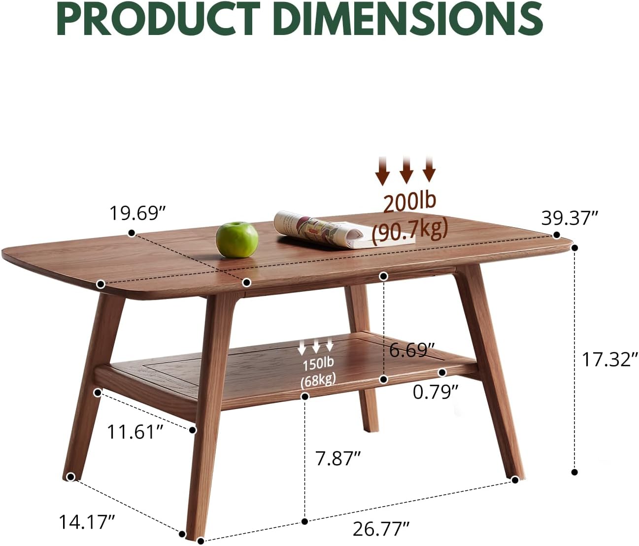 Mid Century Modern Coffee Table: 100% Solid Wood Coffee Table - 2-Tier Storage Design - Practical Coffee Tables for Living Room, Apartment, Easy Assembly (Walnut, 39.37")