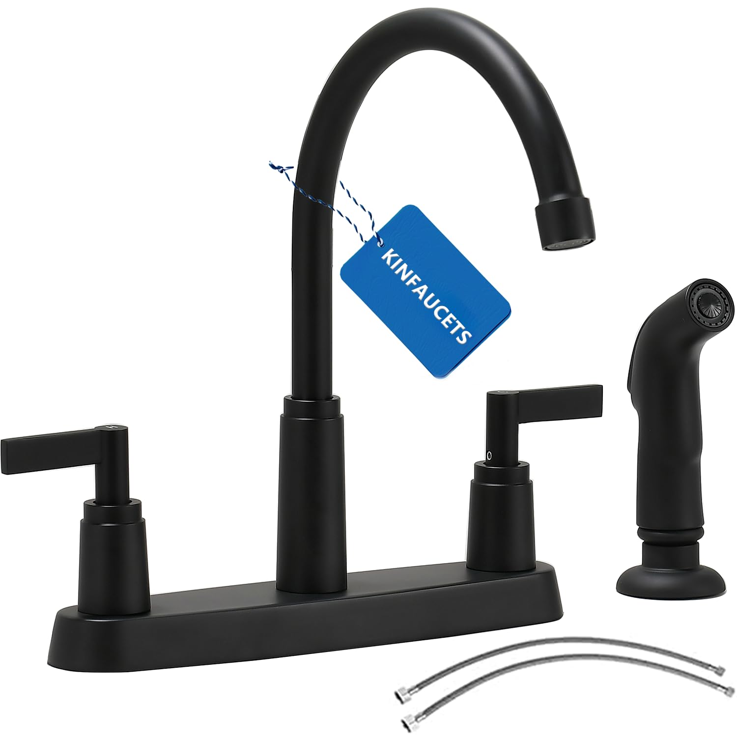 Modern 2 Handle Kitchen Sink Faucet with Side Sprayer, High Arc 360 Swivel Stainless Steel 3 or 4 Hole Kitchen Faucet for Rv Camper Laundry Utility Bar Sinks, Matte Black
