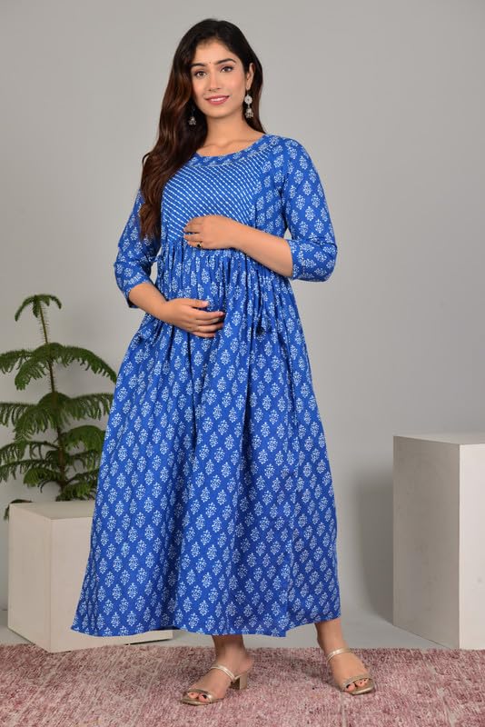 Image of Women's Pure Cotton Printed Maternity Gown /Maternity wear /Feeding Gown A-line Maternity Feeding Dress Maternity Kurti Gown for Women