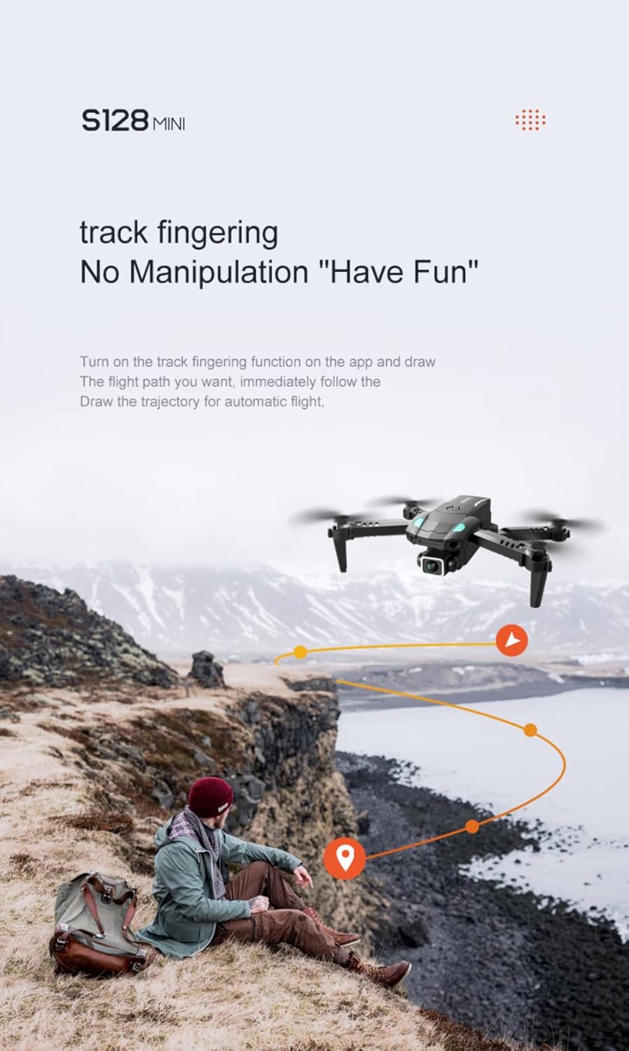 S128 Mini RC Drone flying while a smartphone screen shows a gravity sensor control interface.