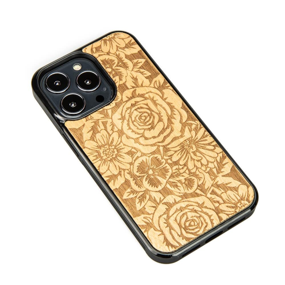 Custodia in legno compatibile con iPhone 13 Pro, legno aniegre con incisione di rose, naturale, antiurto, fatta a mano, finitura opaca, cornice in silicone TPU