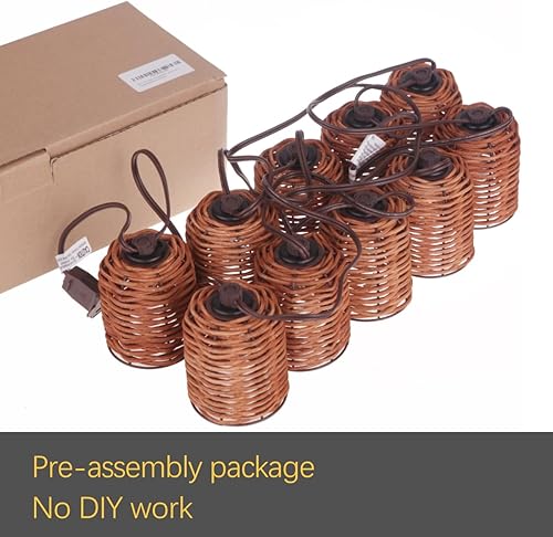 Miniatura 6 de Guirnalda de luces de ratán natural, 10 luces rústicas de rafia, luces de mimbre conectables y enchufables de 10 pies, estilo rústico de granja para