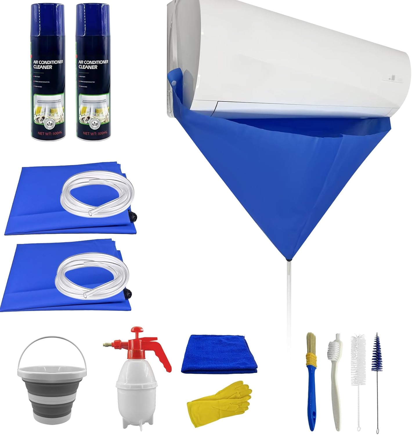 Mini Split Cleaning Kit for Air Conditioner,2 Bottles of air Conditioner Cleaner,2 Air Conditione Waterproof Bag, 4 Wall Mounted Air Conditioner Cleaning Tools,1 Spray Bottle etc.