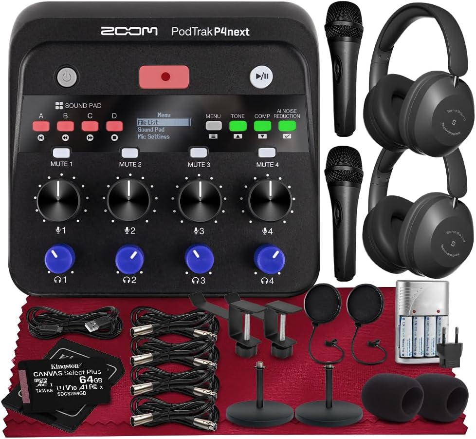 Zoom PodTrak P4next Podcast Recorder, Portable Multitrack Audio Recording w/ 4 Mic Inputs Includes 2 Handheld Mic, 2 Headphones, 2 Mic Stand, Rechargeable Batt for Interviews, Remote Guest Recording
