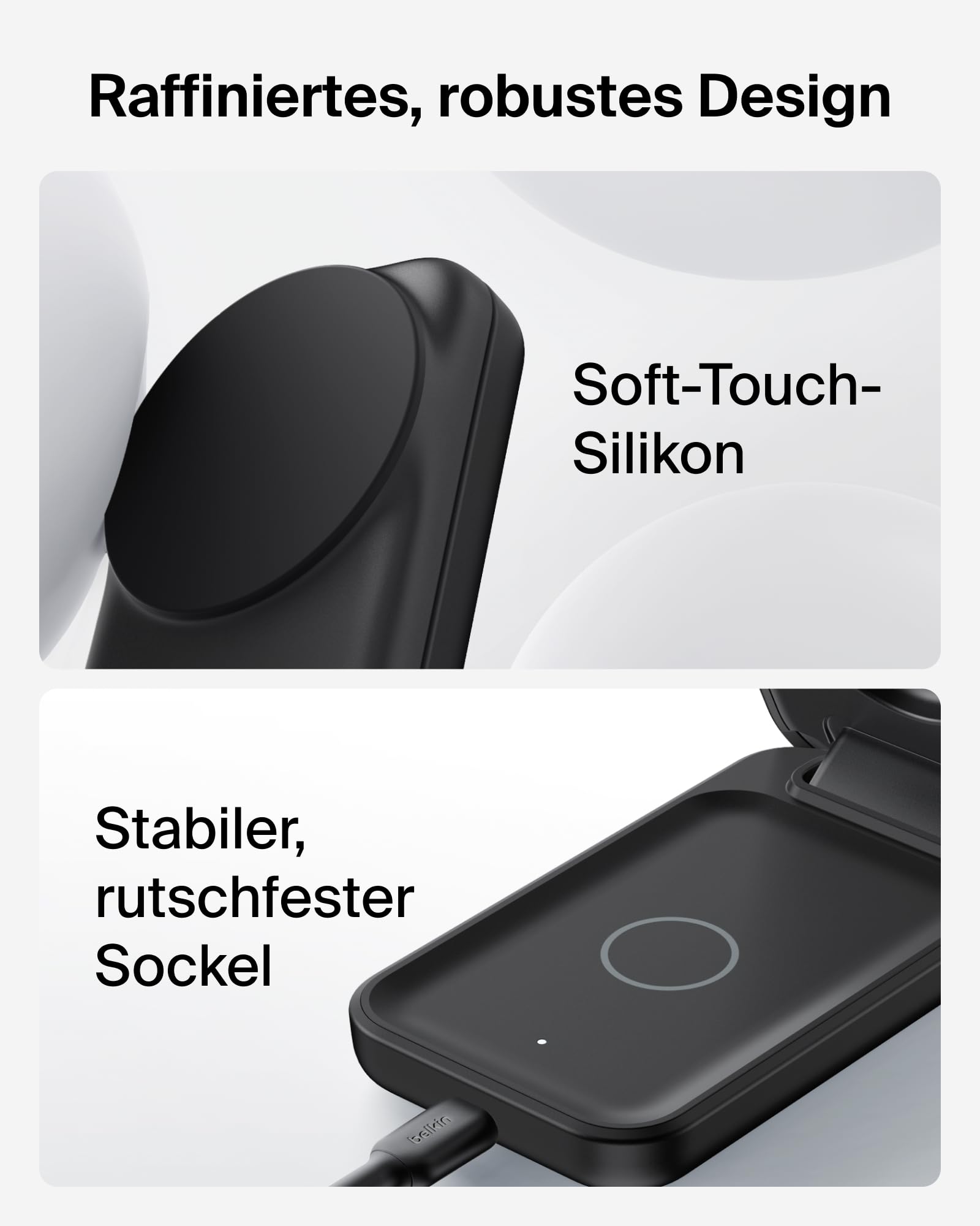 Belkin UltraCharge 3-in-1 Ladestation mit Qi2, 25W, MagSafe Kompatibel, Induktive Ladestation für iPhone 17, iPhone Air, Apple Watch, AirPods, 45W Adapter - Schwarz