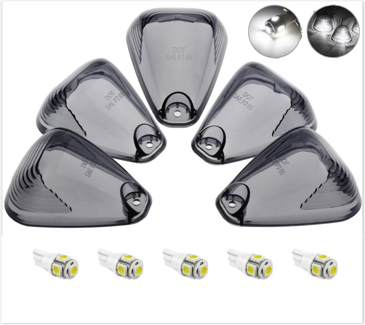 5pcs Smoked Roof Running Light Cab Marker Smoke Cover Lens + 5x T10 6-3020-SMD White LED Bulb for 1999-2016 Ford F150 F250 F350 F450 F550 E150 E250 E350 E450 E550