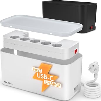 ACROPAQ Cable Box with Power Strip - Cable Organiser (30 x 14 x 14 cm), 5 Sockets, USB-C PD &amp; USB-A, QC 3.0 Quick Charger, Su