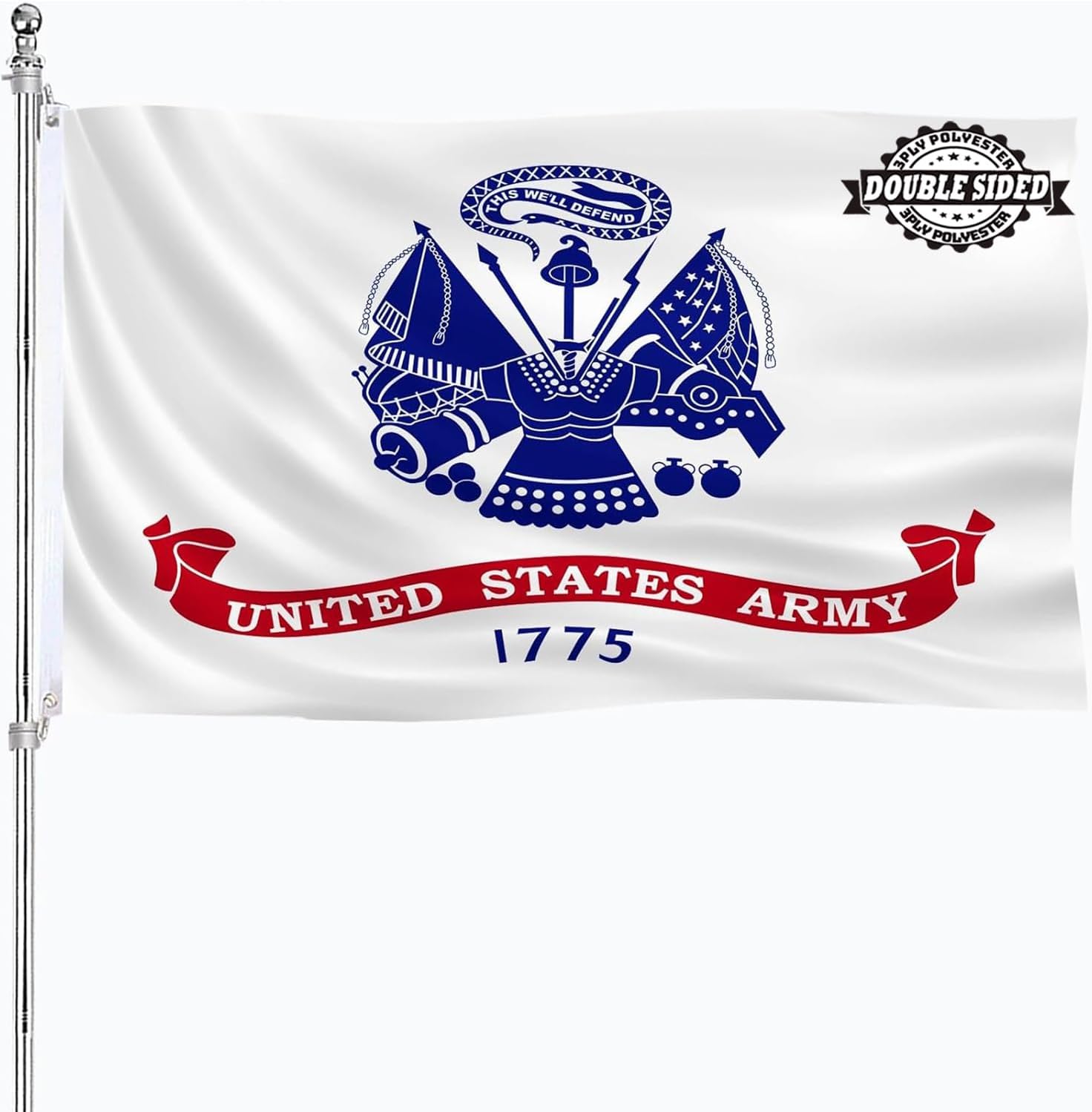 US Army Flag 3x5 Outdoor Double Sided American United States 1775 White Army Flags Heavy Duty 3 Ply Polyester Material USN Flags Banner with 2 Metal Grommets, 4 Rows of Stitching