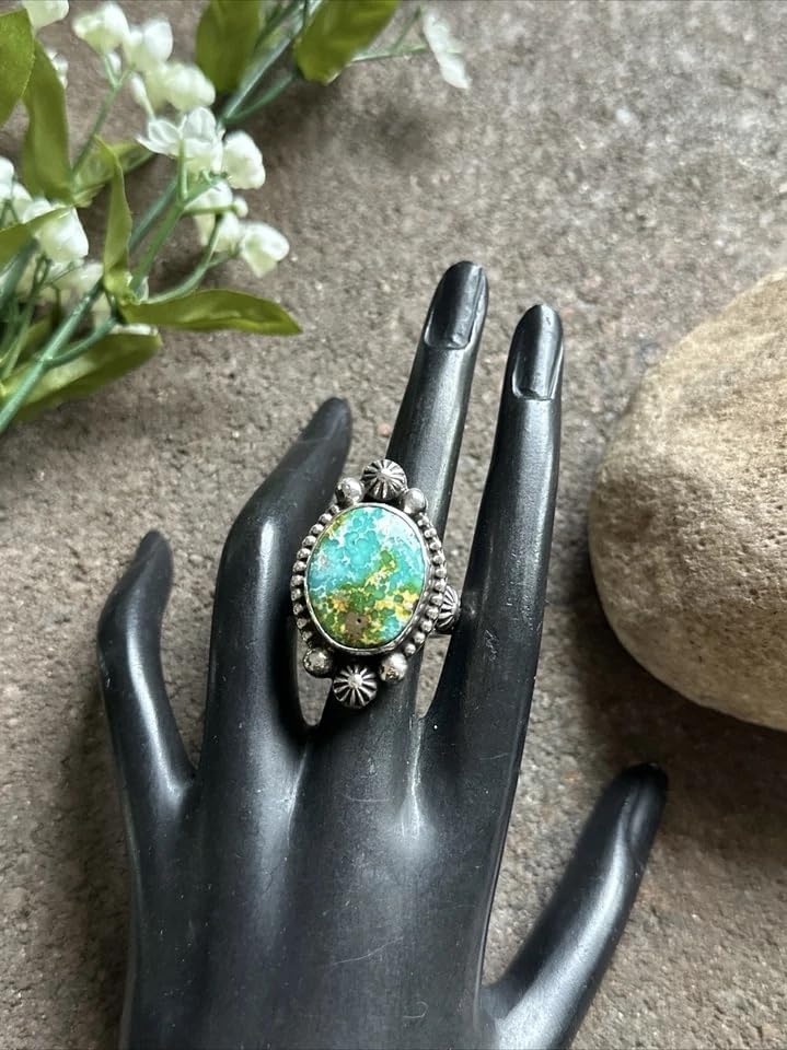 Native American Sterling Silver Sonoran Gold Turquoise Ring. Size 11. Signed 925
