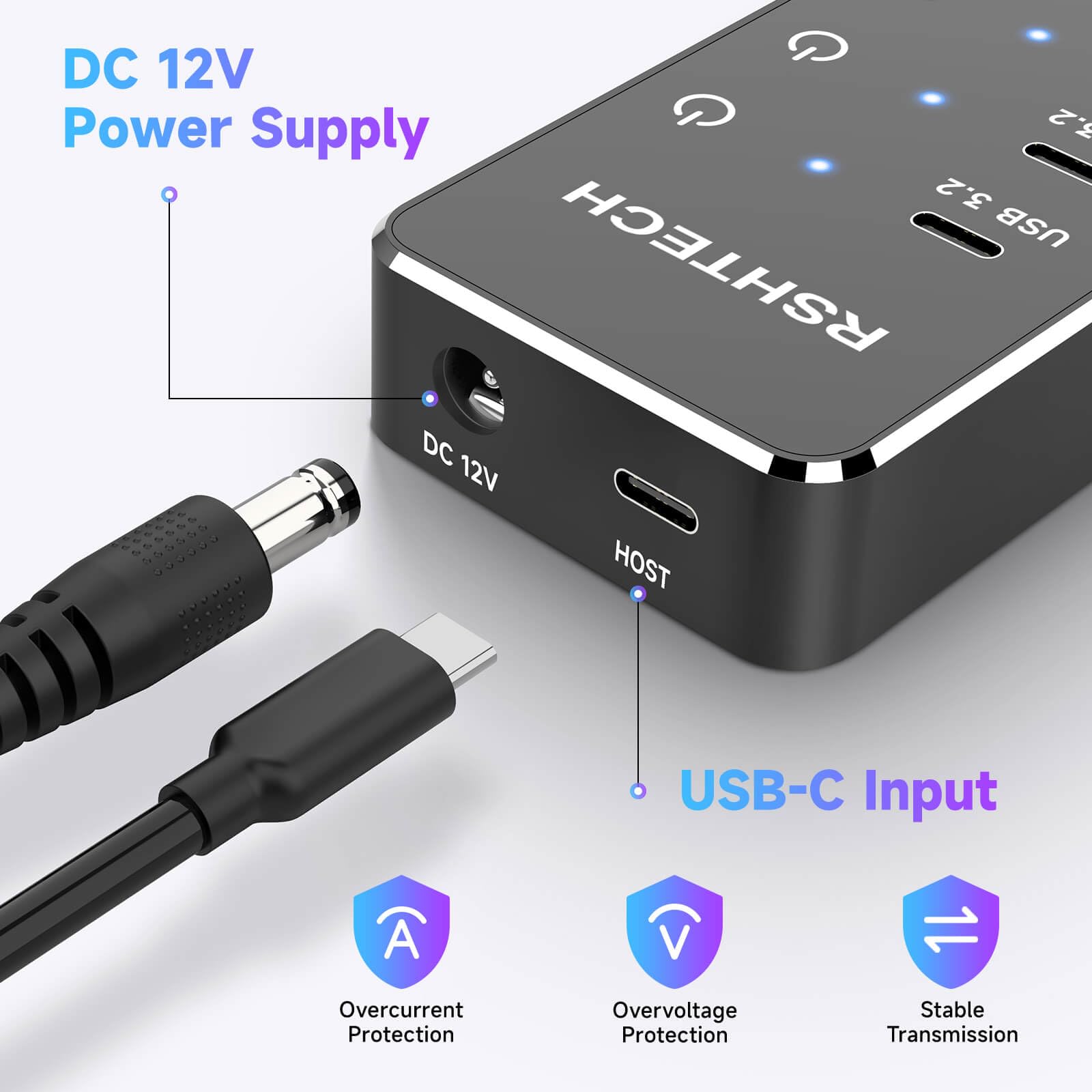 RSHTECH Hub répartiteur USB 3.2/USB C alimenté par 10 ports