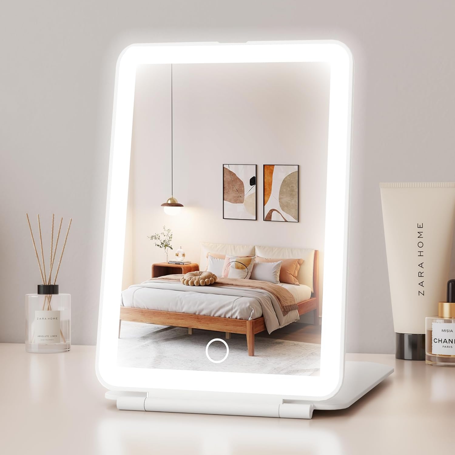 LED Folding Travel Makeup Mirror with 3 Color Lighting(1X), Rechargeable Portable USB Vanity Mirror with Small Magnifying Mirror, Tabletop Cosmetic Mirror for Travel, Bathroom, Beauty Needs(White)