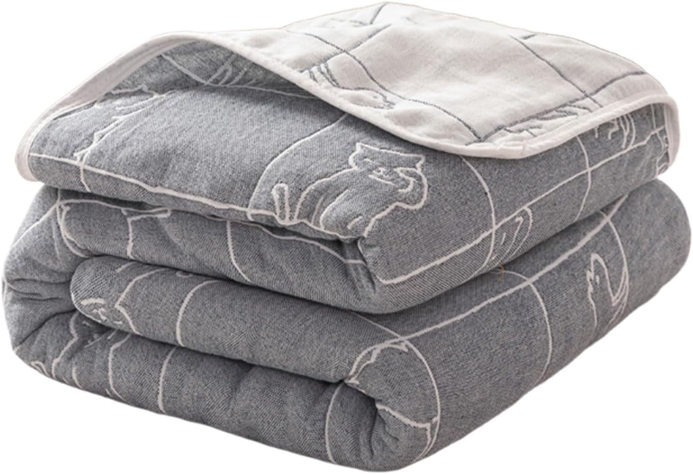 6-Layer Gauze Cotton Muslin Blanket for Adult Grey Cat Twin Cooling Soft Breathable Lightweight Summer Blanket with Cute Pattern for Bed Couch Sofa (Grey Cat, 60x80 Inch)