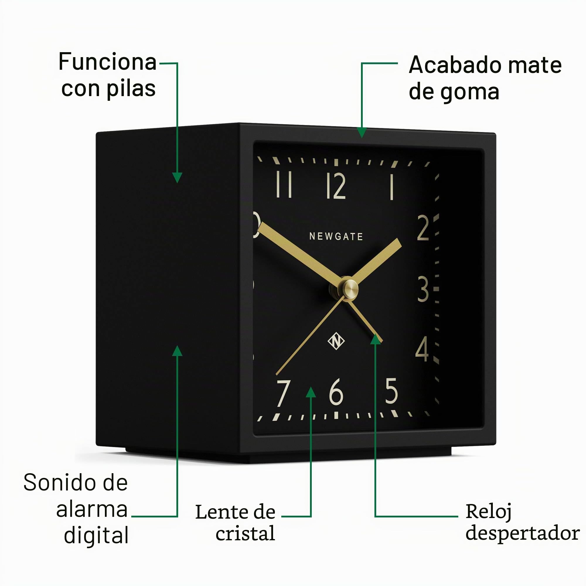 NEWGATE® Equinox Despertador | Alarma Moderna con Forma de Cubo guiada por diseño | Caso Negro | Dial Negro | Ideal para mesilla, Escritorio, estantería y repisa | Accesorio de Dormitorio