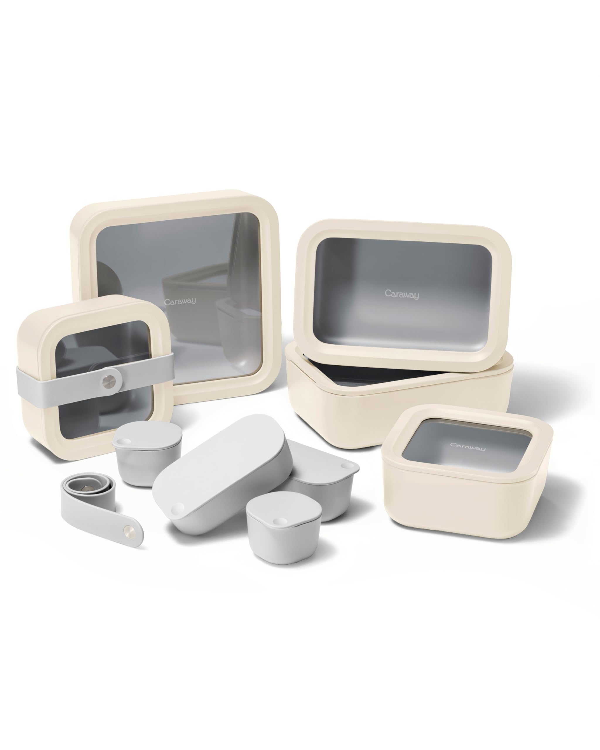 caraway 13pc glass food storage container set - easy to store non toxic lunch box - with glass lids - includes storage organizer - cream
