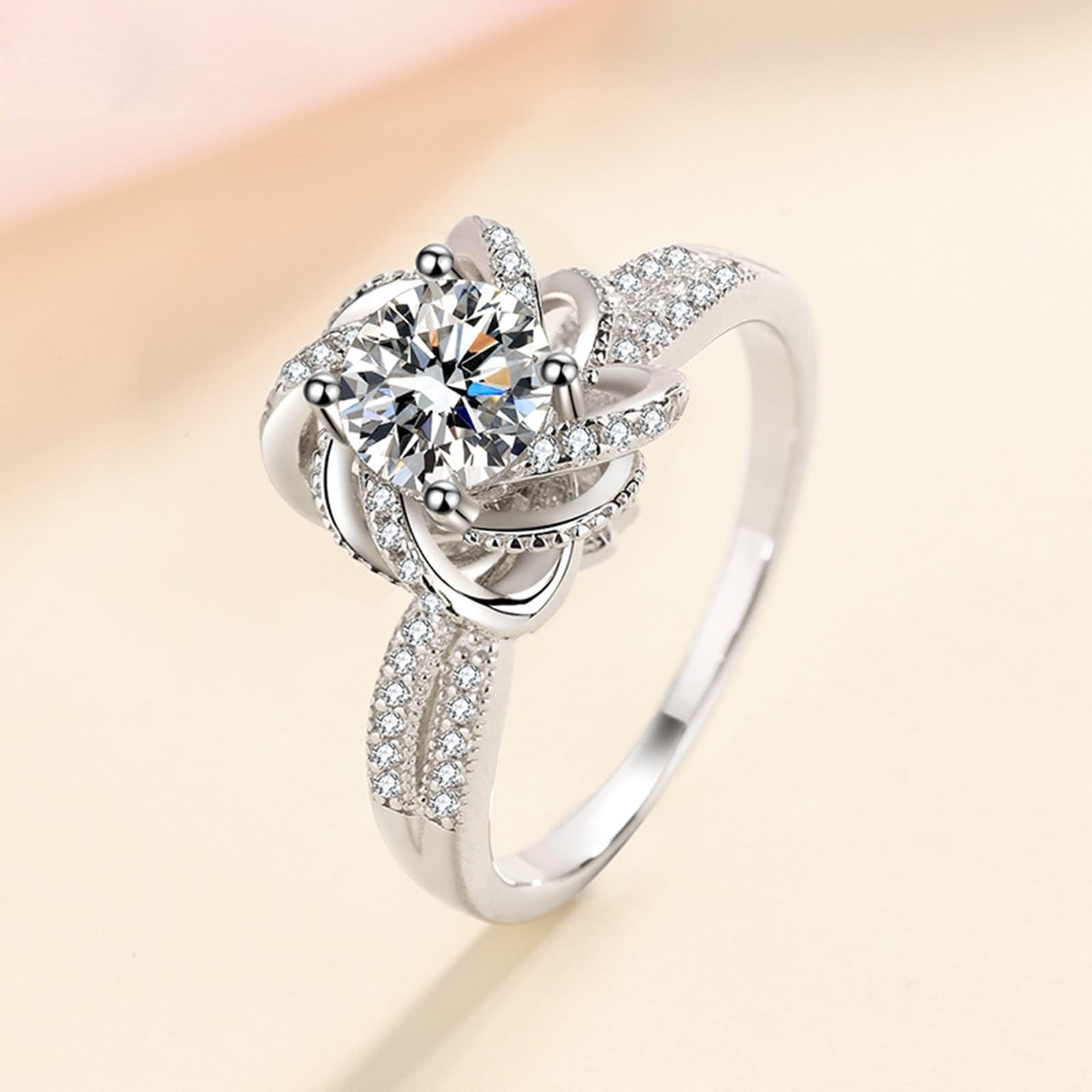 Pierścionek ze srebra próby 925, metalowy pierścionek Moissanite Flower Ring Prezent urodzinowy