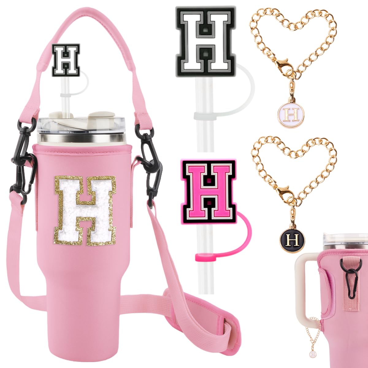 XSUIOY Initial Water Bottle Carrier with Strap for Stanley 40 oz Tumbler,Personalized Cup Holder with 2 Straw Topper Cover&2 Letter Charm for Stanley Cup Accessories(pinkH)