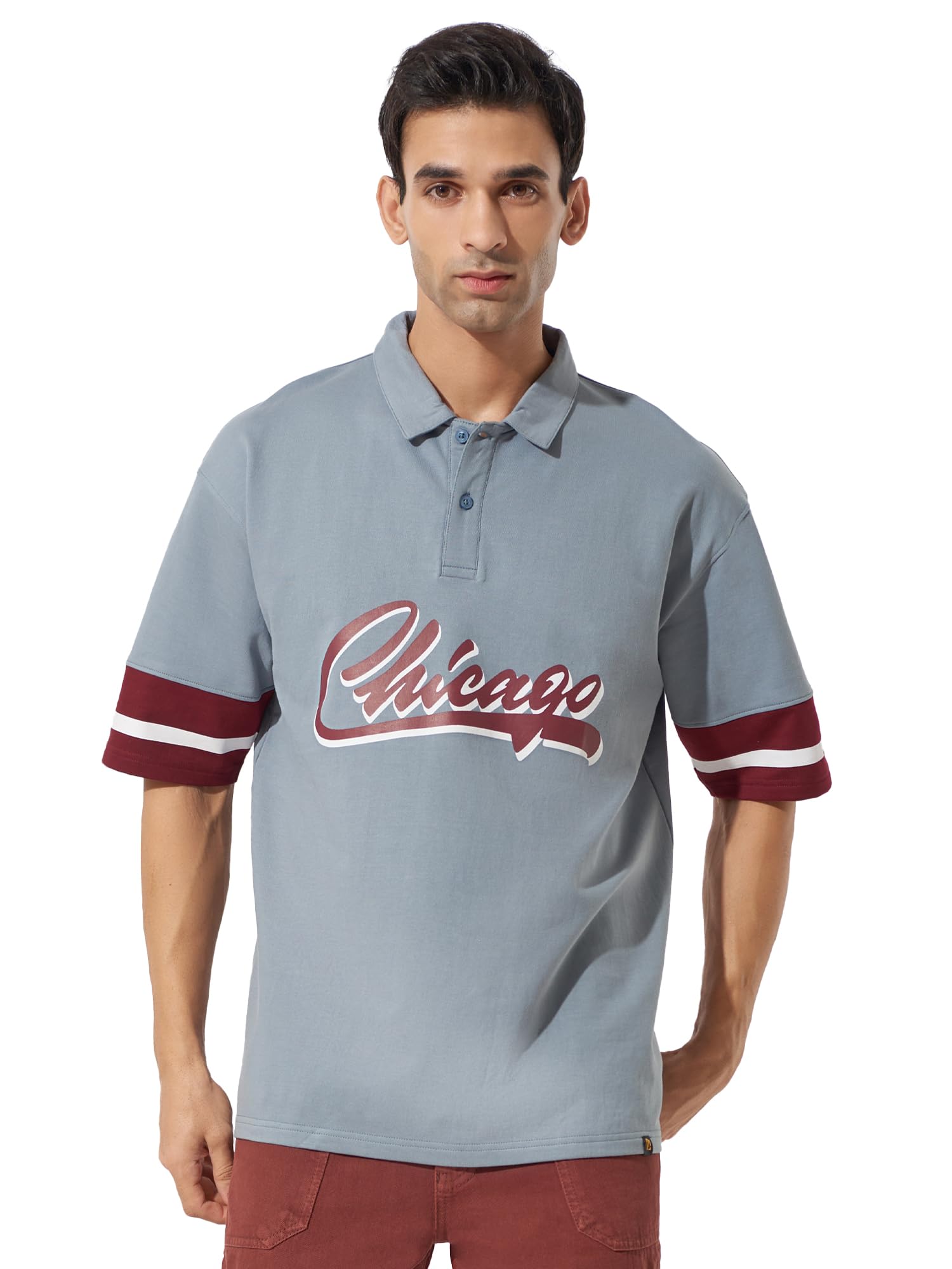 ManiacMens Printed Polo Neck 3/4th Sleeve Light Grey and Maroon Cotton Oversized T-Shirt