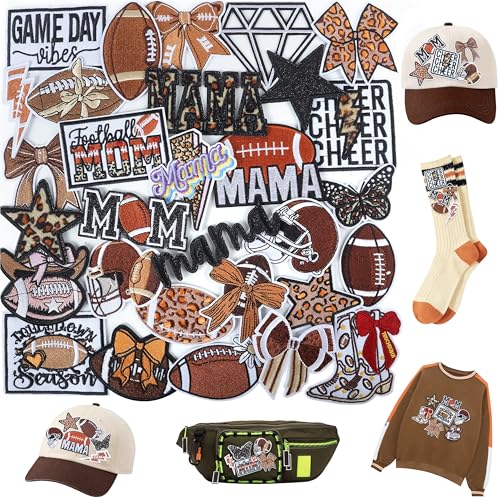 Meneng Iron On Football Mama Patches: 32PCS Embroidered Football Bow Cheer Patch for Mom & Kids - Energetic Football DIY Crafts for Clothing Hats Backpacks Jerseys Jeans