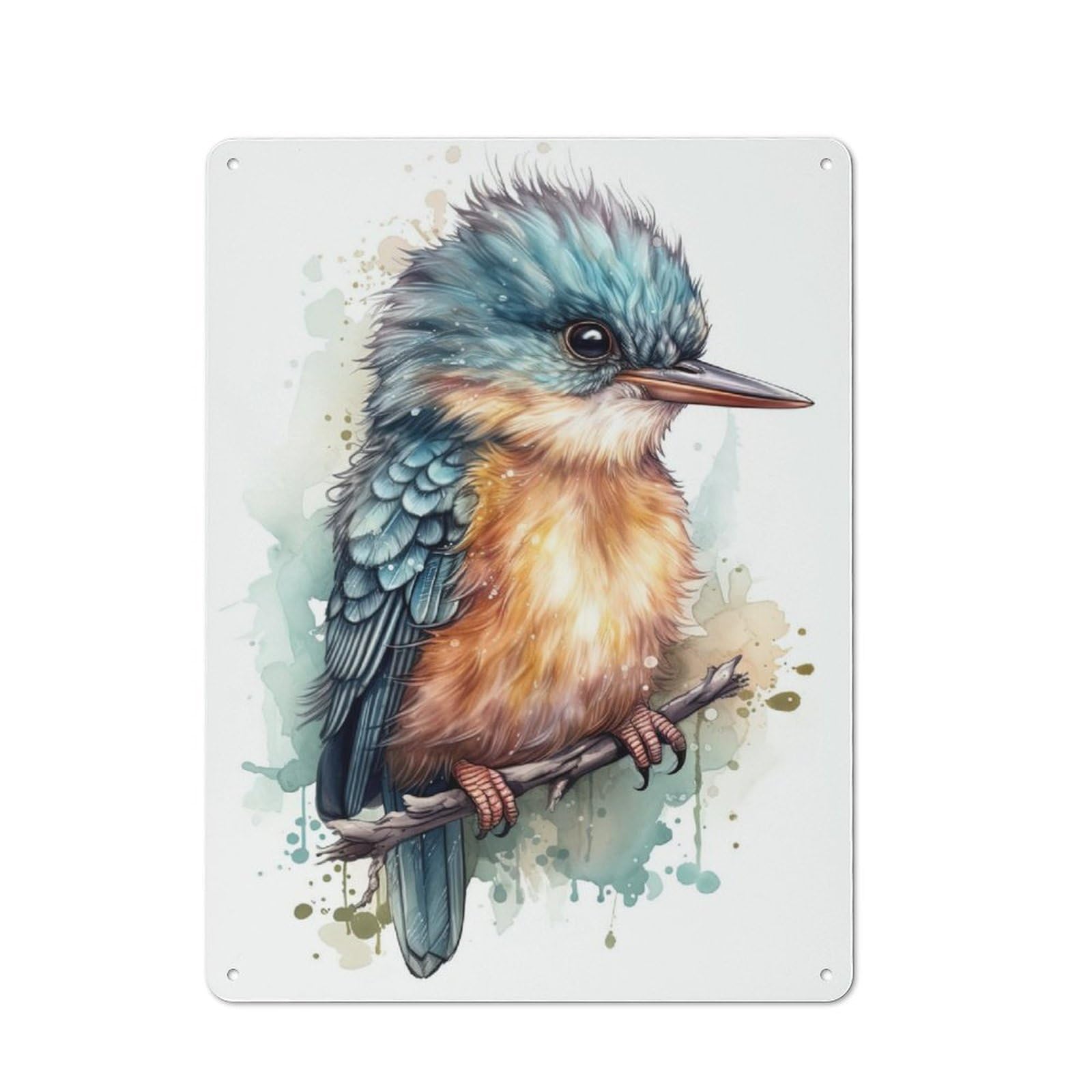 Junmoney Watercolor Baby Kingfisher Rustic Tin Wall Plaque 40X30cm For Guest Room Or Hallway, For Garage, Workshop And Man Cave Decoration