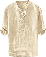 Ryannology Men's Linen Cotton Henley Shirt - 3/4 Sleeve Regular Fit Casual Summer Beach Yoga T-Shirt