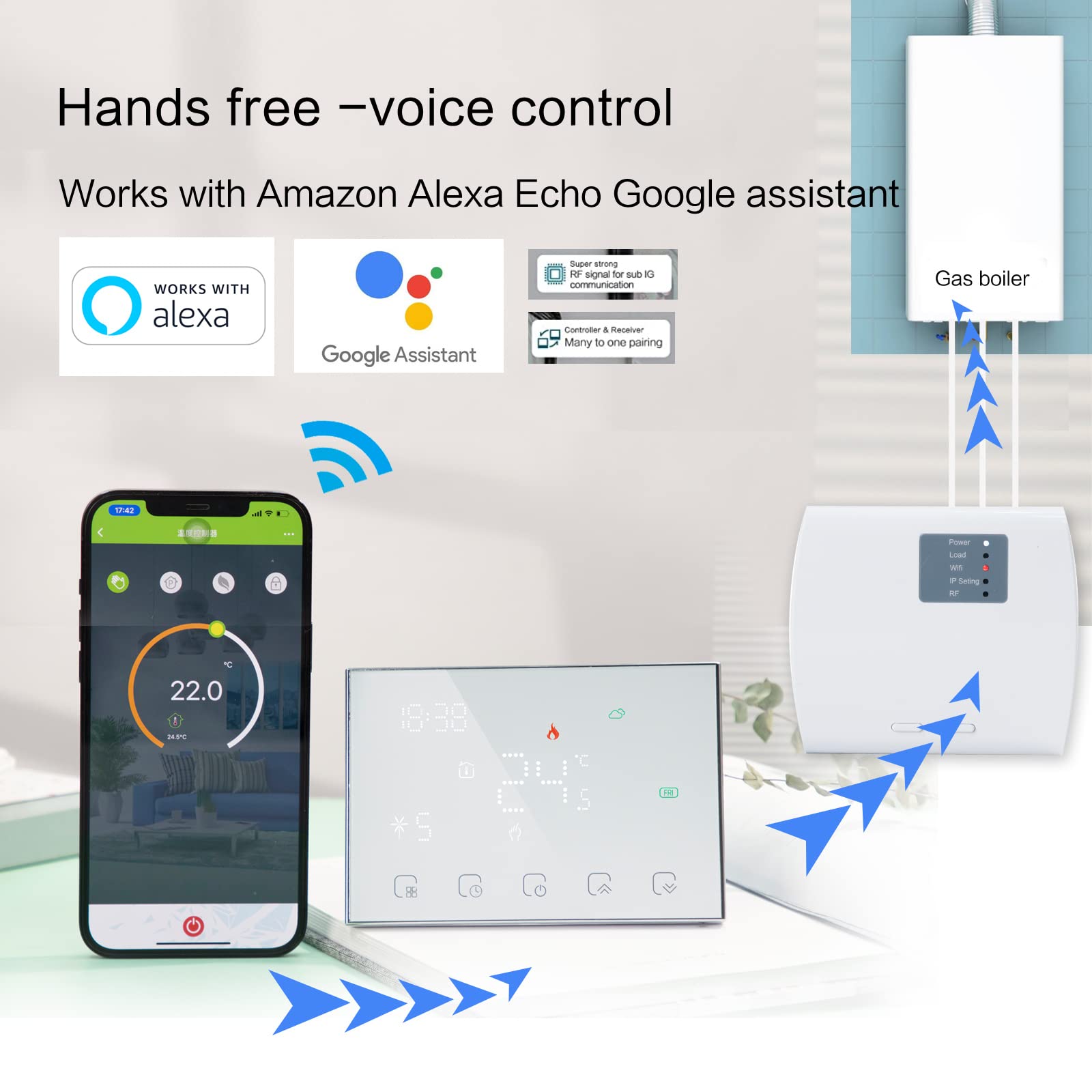 Inteligentny termostat RF Wifi do ogrzewania elektrycznego Programowalny termostat ścienny współpracuje z Alexa Google Home, wyświetlacz dotykowy bezprzewodowy regulator temperatury, bateria 2AA