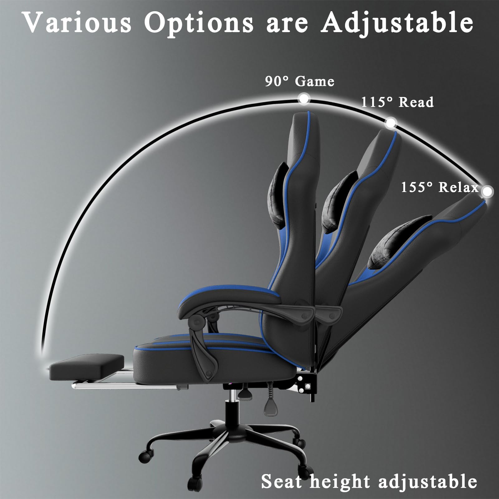 Cavabien Gaming Stuhl mit Taschenfederkernpolsterung und Fußstütze, ergonomischer Computerstuhl für Erwachsene, atmungsaktiver Gaming-Stuhl aus PU-Leder (Blau)