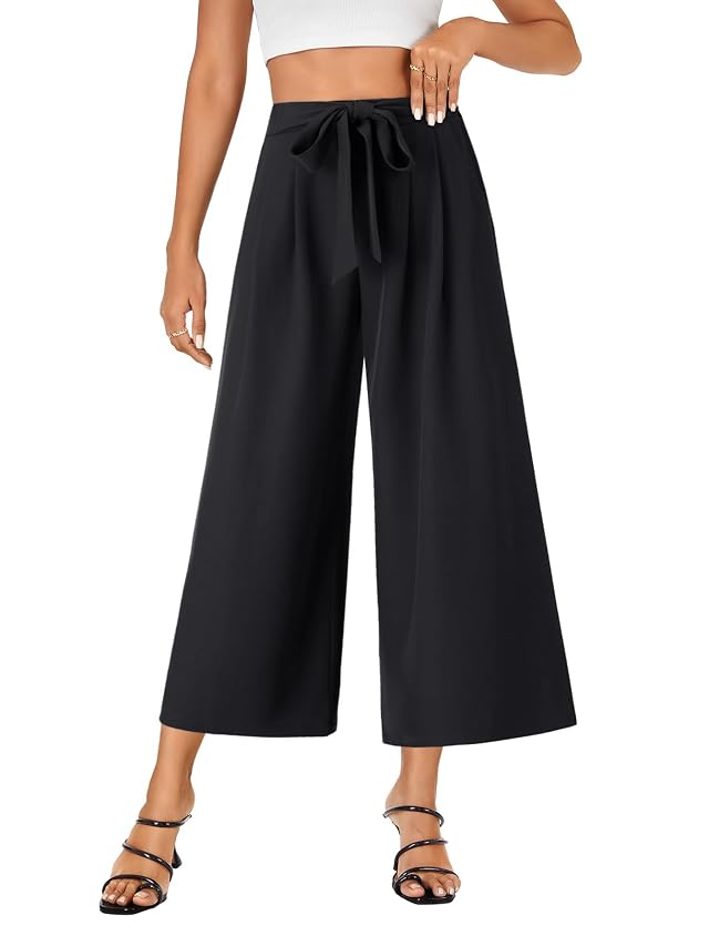 LYANER Womens Tie Front High Waist Pleated Lounge Wide Leg Cropped Pants with Pockets