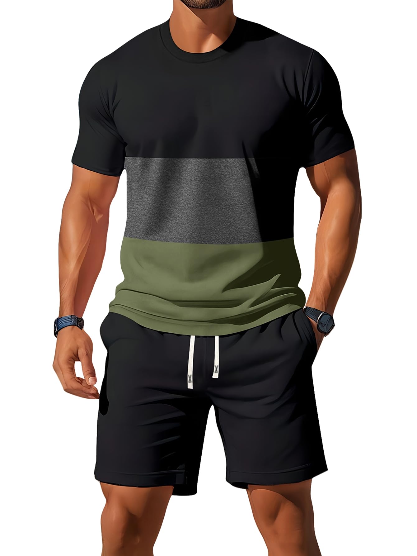 Conjunto de 2 piezas de camiseta ligera de manga corta con bloques de tres colores para hombre, a la moda, casual, vacaciones, deportes, fitness