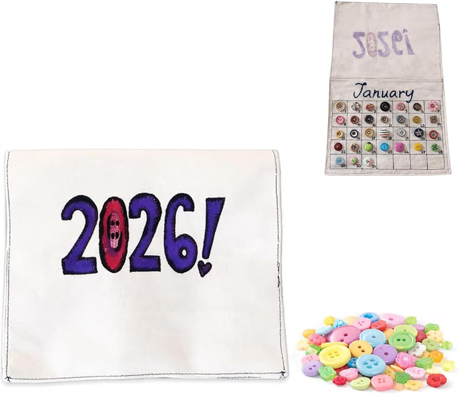 Sikrit 2026 Button Calendar: Stitch Your Year One Button at a Time, DIY Buttons Sewing Calendar Craft Kit, Handmade Embroidery Stitch Fabric Calendars with Canvas Grid for Sewing Lovers (A-PCS)