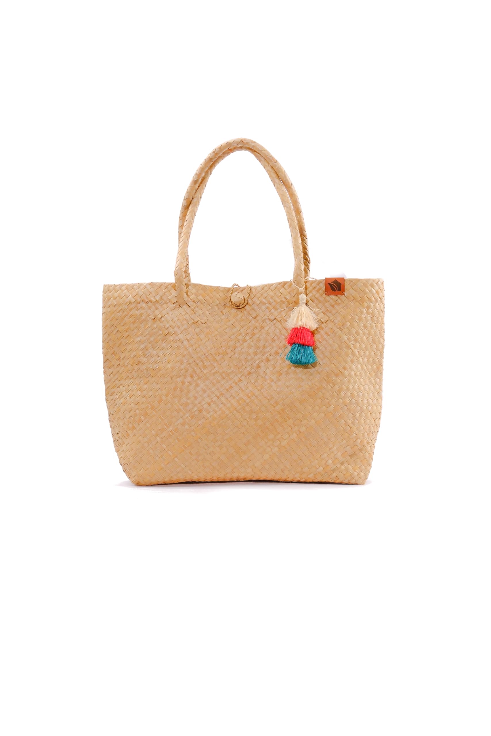 Likhang Legacies Handwoven Buri Tote Bag with Tassels, Cream and Navy LKHBRU02CONSUELO
