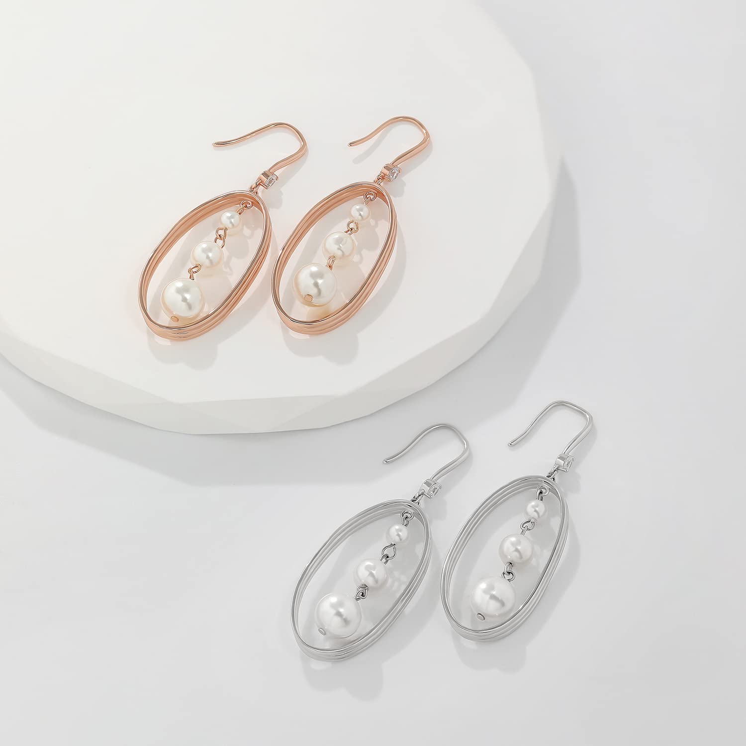 Meissa Orecchini pendenti di perle per le donne Orecchini in argento 925 Orecchini da sposa in oro rosa Orecchini geometrici a forma di pendente (Oro rosa)