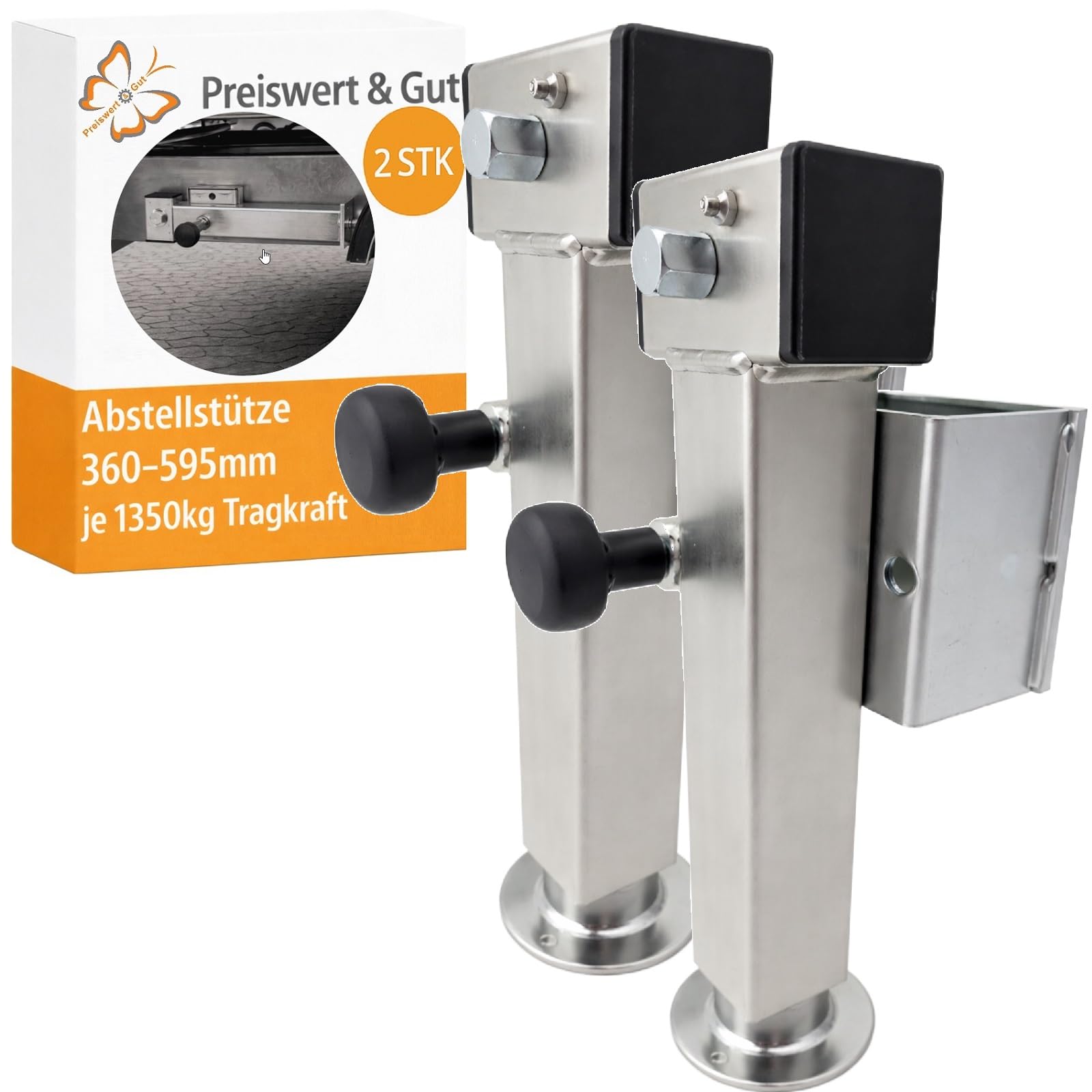 Preiswert&Gut 2X Anhängerstützen & Ausdrehstütze Wohnmobil – Stahlrohr 60x60 mm – höhenverstellbar 360-595 mm Kurbelstütze kippbar und Wohnwagenstützen Anhänger Stütze bis 1350 kg