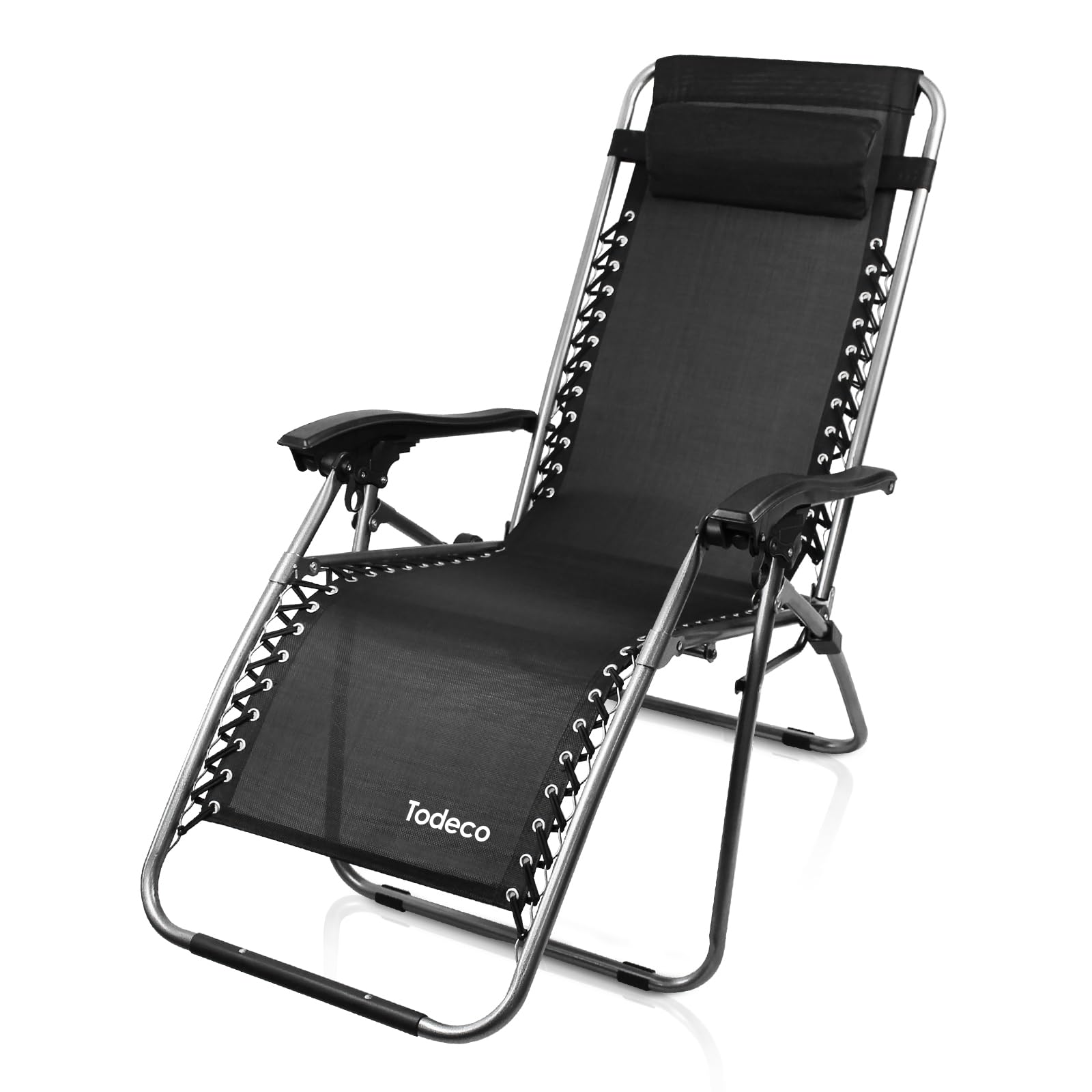 Todeco Chaises Longues Zéro Gravité, Fauteuils Relax de Jardin Pliables en Textilène Respirant avec Repose-Tête, Dossier Inclinable Multiposition, Bain de Soleil Terrasse Balcon Piscine, Noir