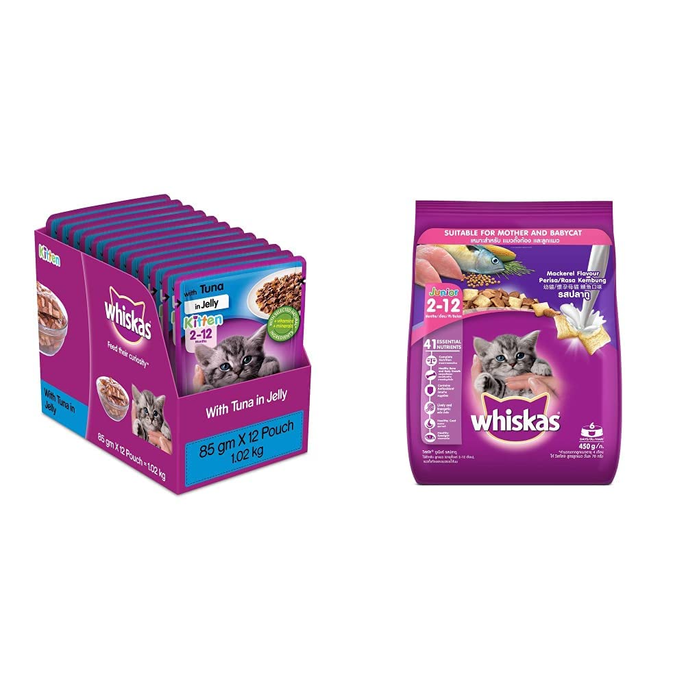 Whiskas Kitten (2-12 Months) Wet Cat Food, Tuna in Jelly, 12 Pouches (12 x 85g) and Kitten (2-12 Months) Dry Cat Food, Mackerel Flavour, 450g Pack