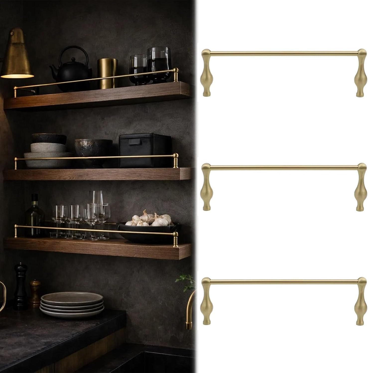 Usknxiu Decorative Brass Guard Railing for Shelves Floating Shelf Gold Railing Rod, Shelf Tipping Rails for Kitchen, Closet, Bookshelf, Wine Cabinets,A,55cm/21.7in,3