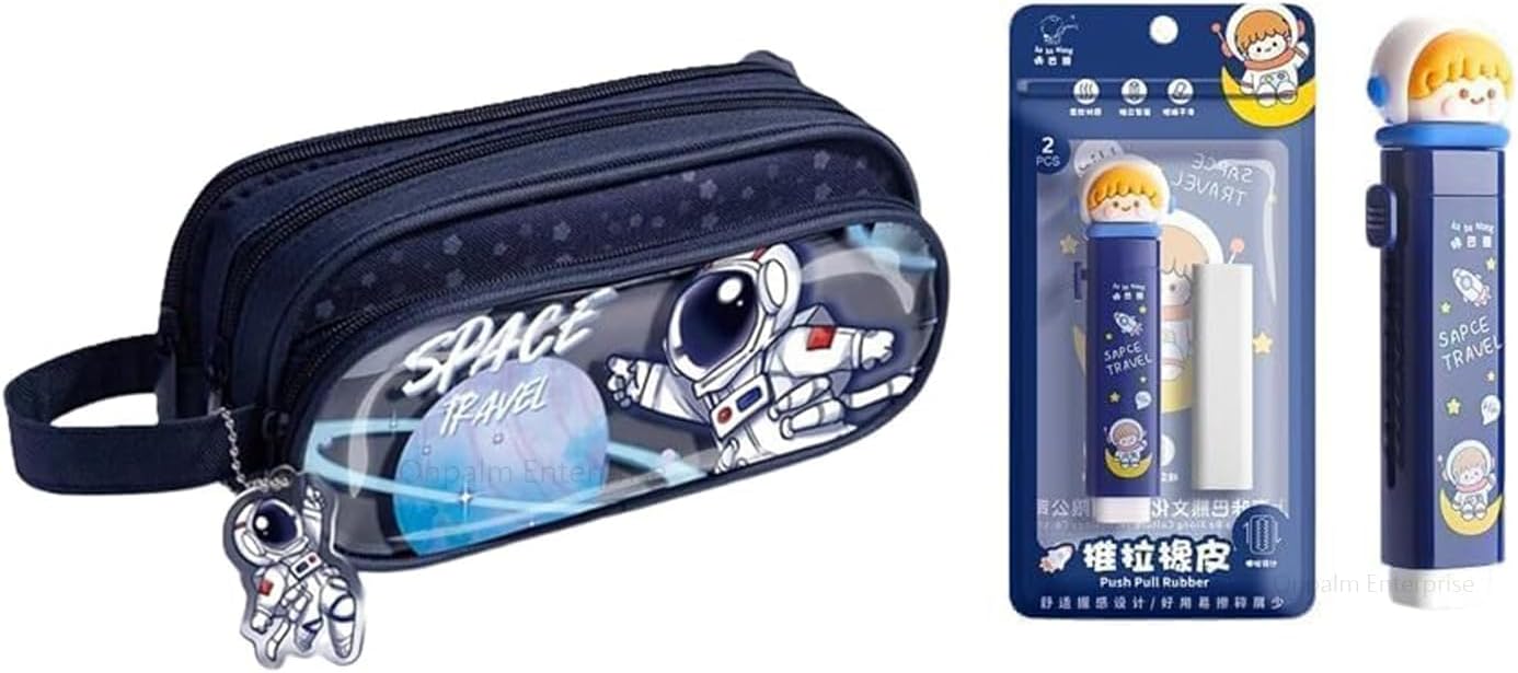 Space Travel Pencil Pouch with Push Pull Eraser Set for Kids | Premium Large Capacity Pencil Case for Boys & Girls | School Stationery Combo Gift Set(Astronaut Pouch + Eraser)